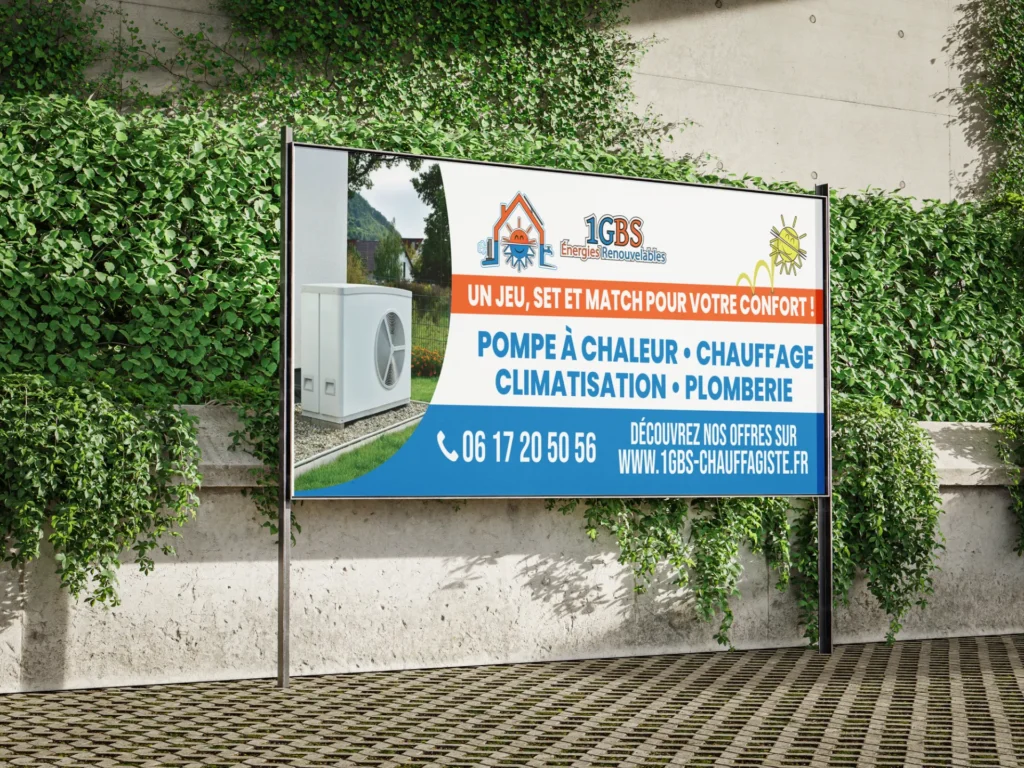Publicité pour 1GBS Energies Renouvelables : pompe à chaleur, chauffage, climatisation, plomberie. Contact 06 17 20 50 56, site 1gbs-chauffagiste.fr.