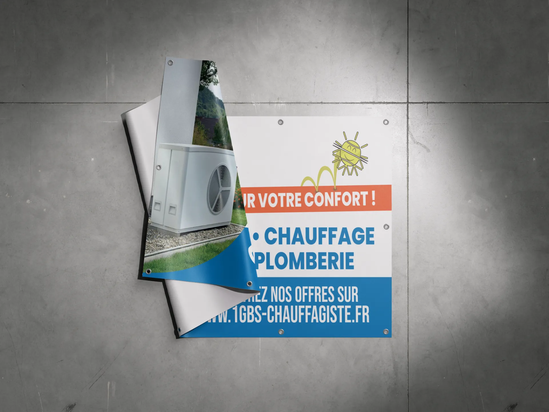 Publicité pour un chauffagiste avec une pompe à chaleur et le slogan "Pour Votre Confort ! Chauffage Plomberie".