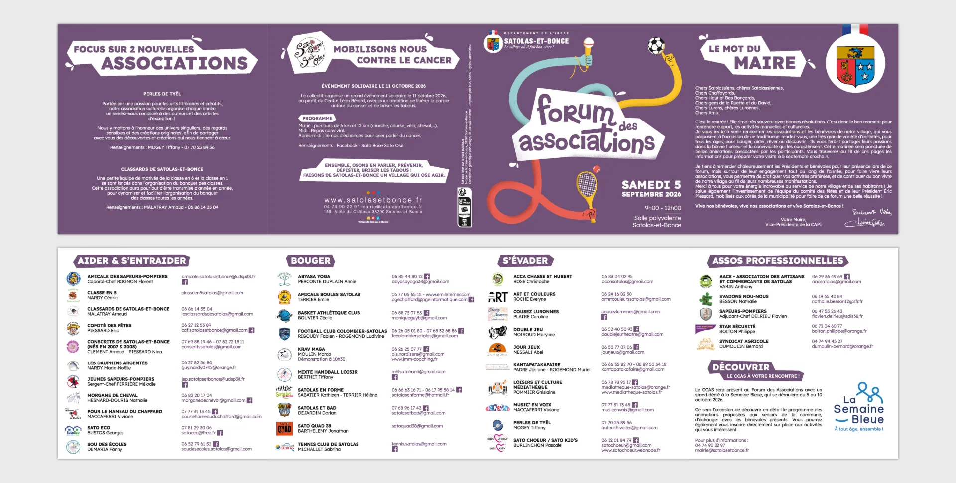Affiche du forum des associations de Bâtlas-et-Bouce le samedi 5 septembre, avec des sections sur l'aide, le bouger, l'évasion et les associations professionnelles.