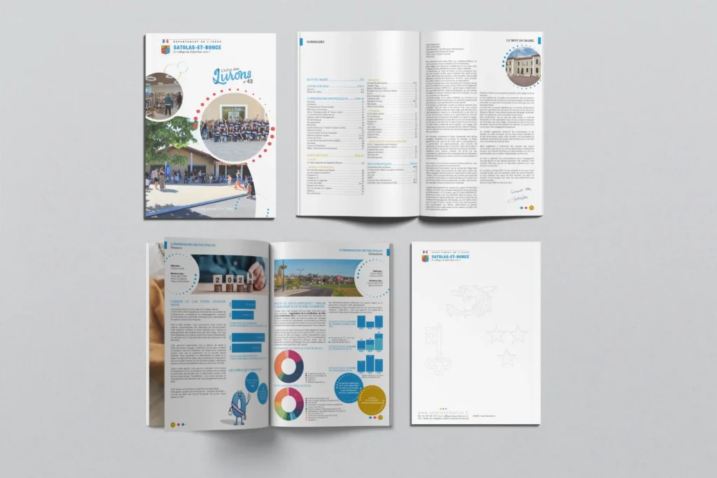 Une brochure ouverte présentant des articles sur la ville de Satolas-et-Bonce. On y voit des photos, des textes et des graphiques.