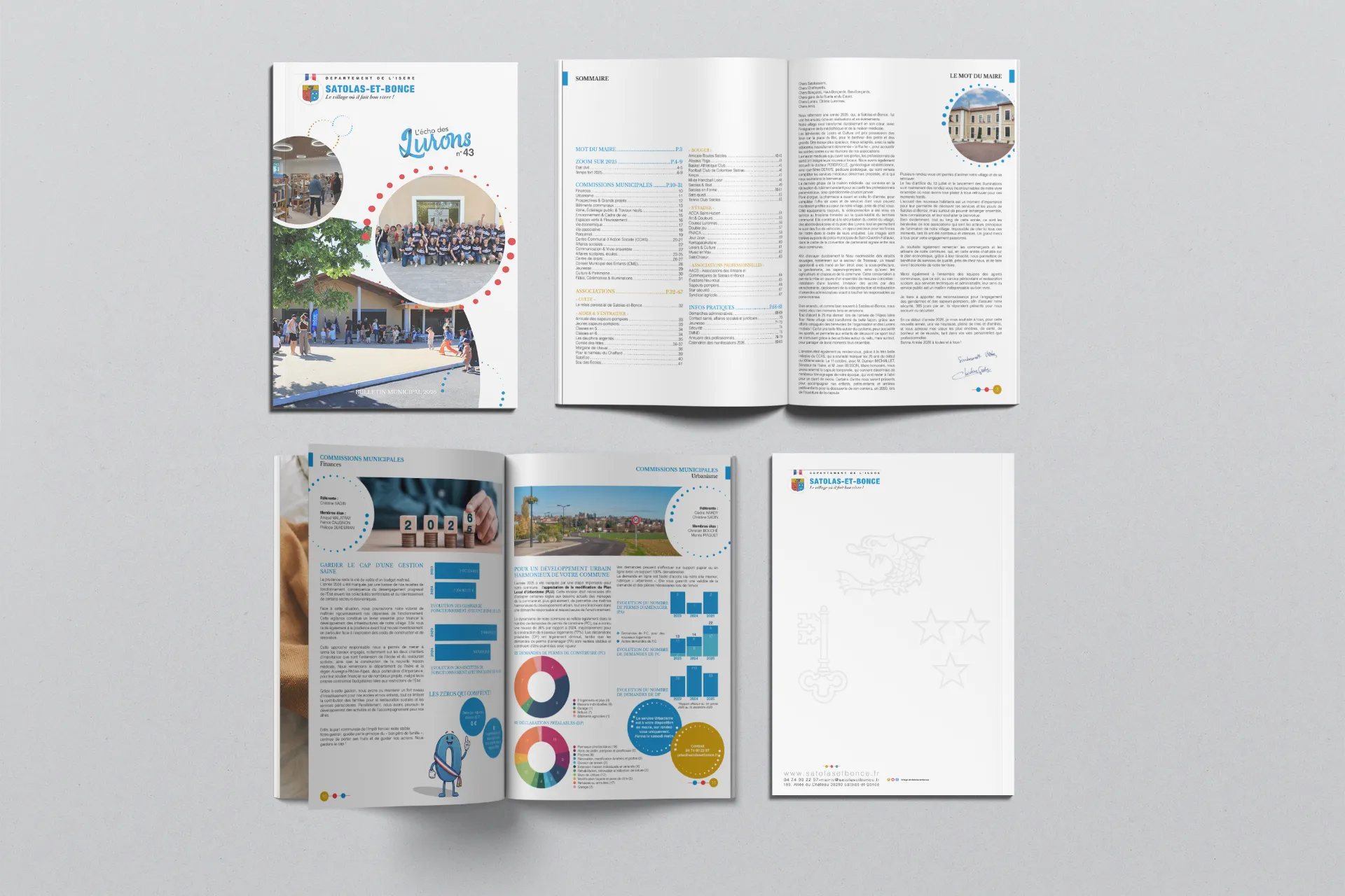 Une brochure ouverte présentant des articles sur la ville de Satolas-et-Bonce. On y voit des photos, des textes et des graphiques.