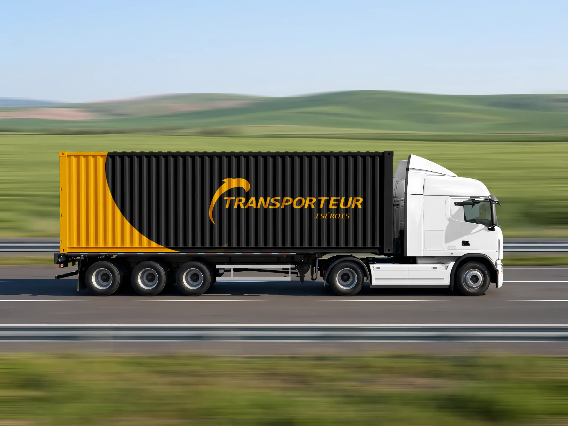 Camion blanc avec une remorque noire et jaune portant le logo "TRANSPORTEUR ISEROIS" sur une route