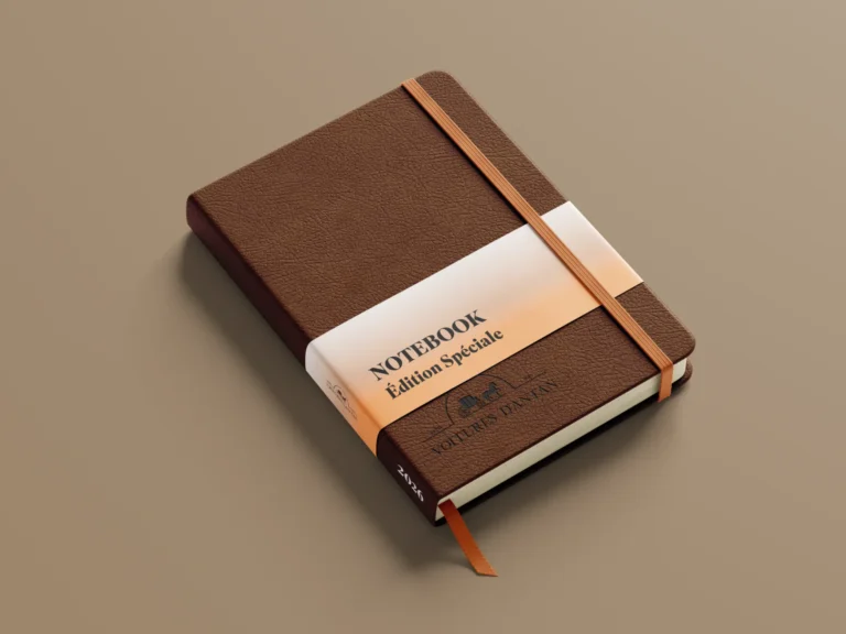 Carnet brun à couverture texturée, relié par un élastique orange. Bandeau blanc "NOTEBOOK Édition Spéciale" avec logo et texte "VOLUMES D'ANNEES".