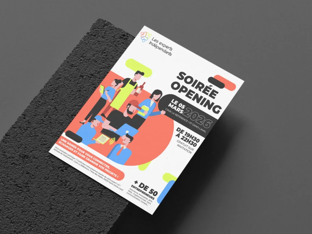 Invitation pour une soirée d'ouverture le 5 mars 2026 à la Cave La Référence, St-Genis Laval, de 19h30 à 22h30. Gratuit sur invitation. Plus de 50 entrepreneurs.