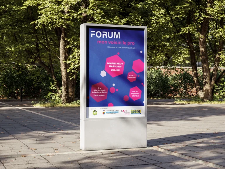 Affiche pour le Forum mon voisin le pro le dimanche 30 mars 2025 de 10h à 18h à la Salle des Sports de Satolas-et-Bonce. Entrée gratuite. Plus de 40 exposants attendus.