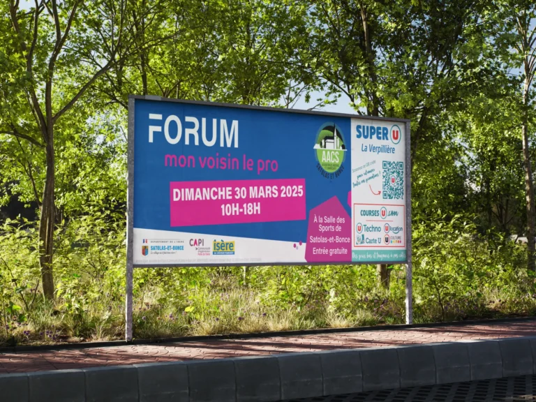 Affiche annonçant le forum "Mon Voisin le Pro" le dimanche 30 mars 2025 de 10h à 18h à la Salle des Sports de Satolas-et-Bonce. Entrée gratuite.
