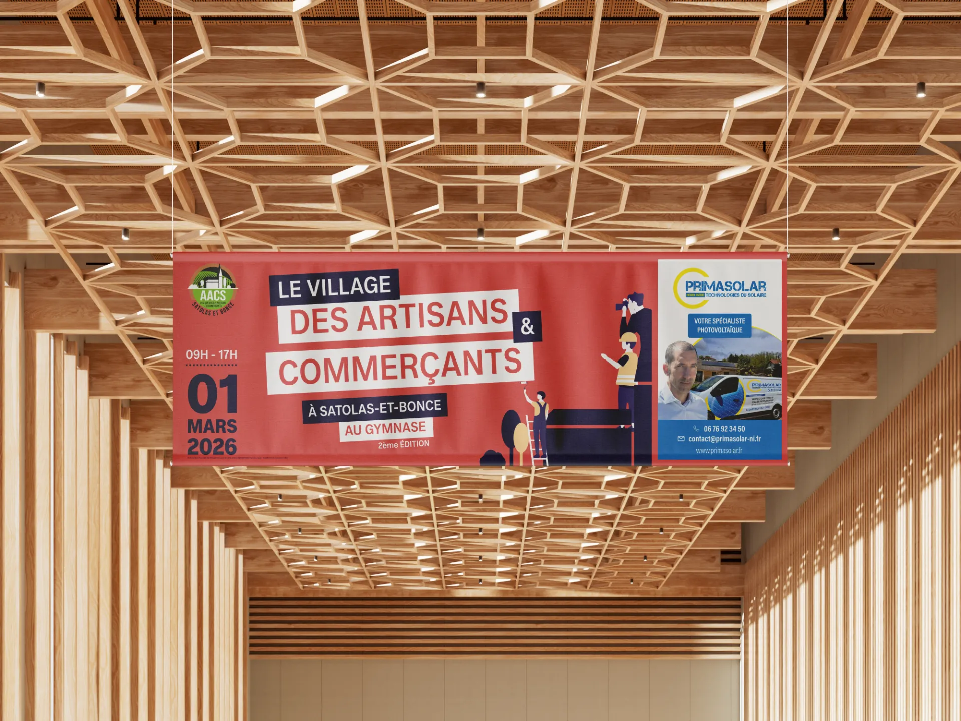 Bannière annonçant le Village des Artisans & Commerçants le 1er mars 2026, à Satolas-et-Bonce, au gymnase.