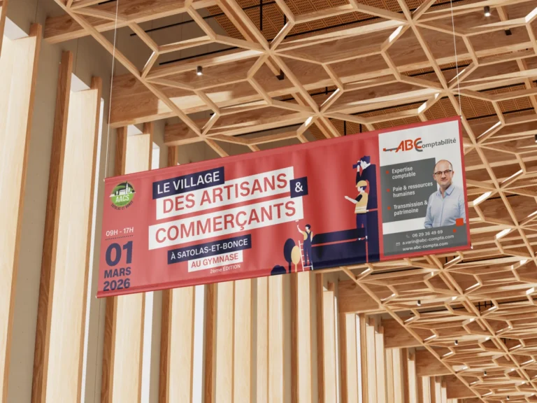 Bannière annonçant le Village des Artisans & Commerçants le 1er mars 2026 à Satolas-et-Bonce, sponsorisé par ABC Comptabilité.