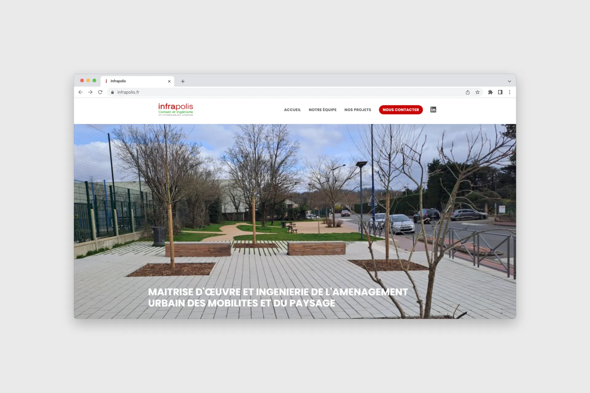 Capture d'écran du site web Infrapolis présentant des projets d'aménagement urbain avec plusieurs miniatures.
