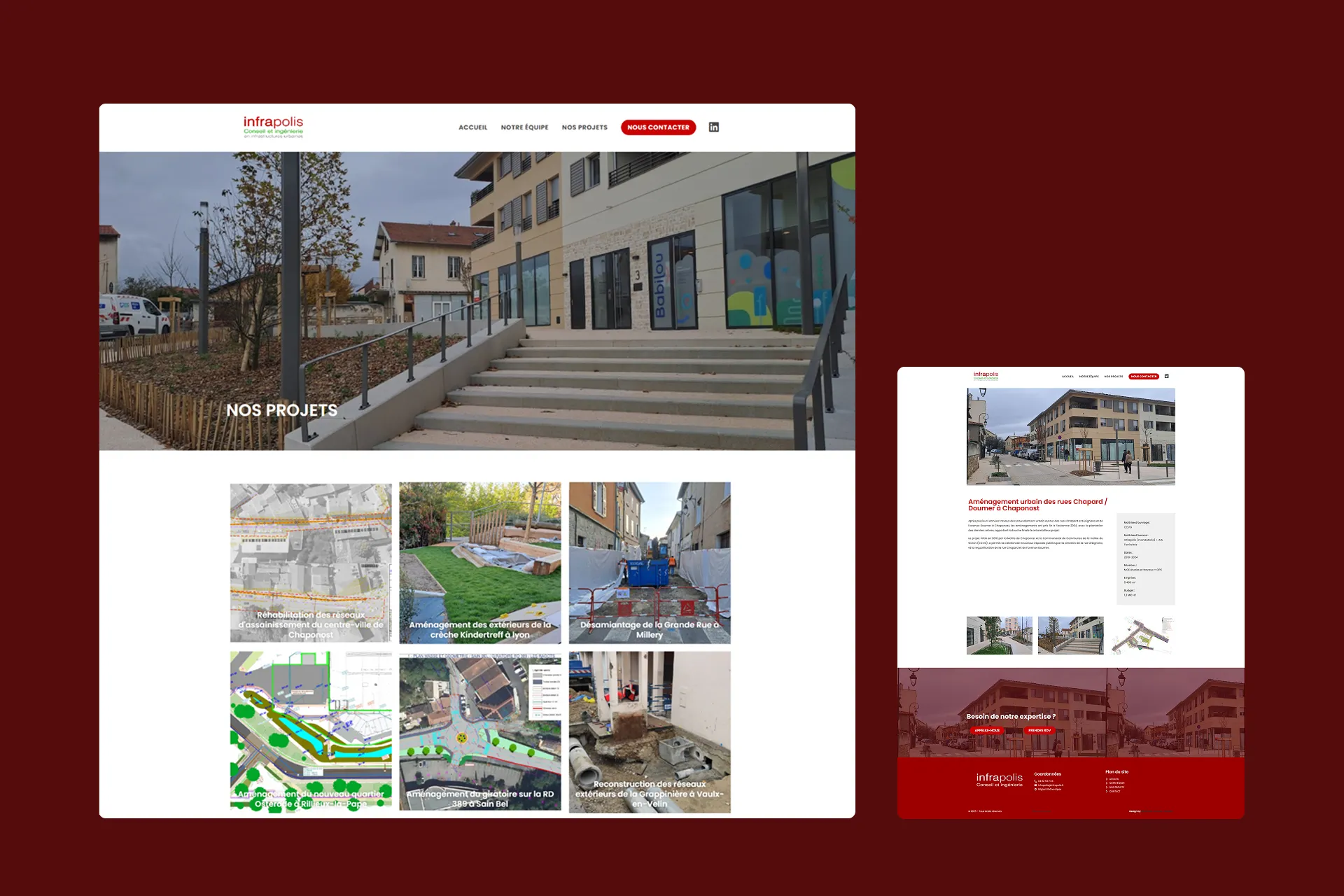 Écran d'ordinateur affichant le site Infrapolis, spécialisé en aménagement urbain, avec une photo de paysage et le texte "Maîtrise d'œuvre et ingénierie de l'aménagement urbain des mobilités et du paysage".