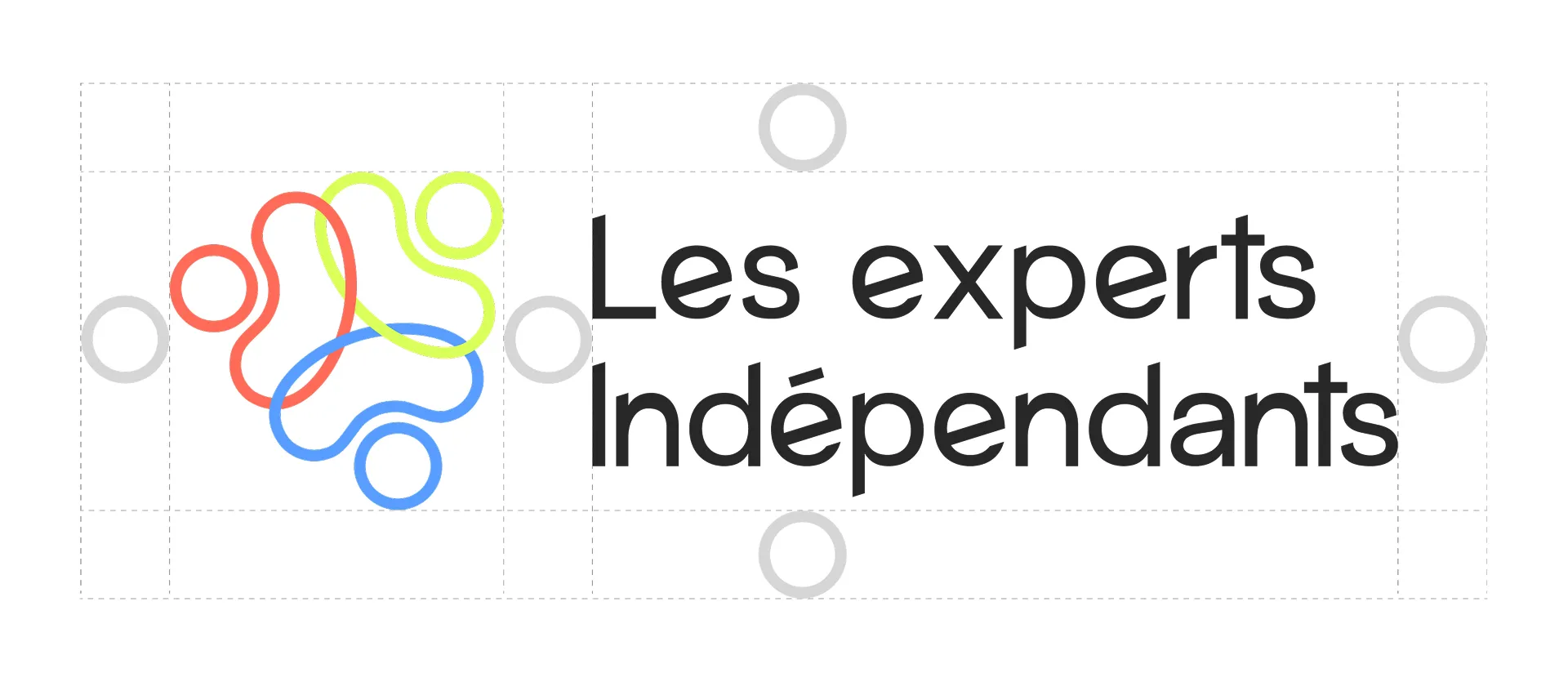Logo "Les experts Indépendants" avec un dessin abstrait multicolore et des cercles gris.