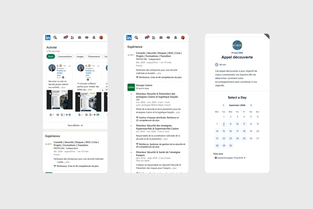 Profil LinkedIn avec sections Activité, Expérience et un bouton pour un appel découverte avec un calendrier.
