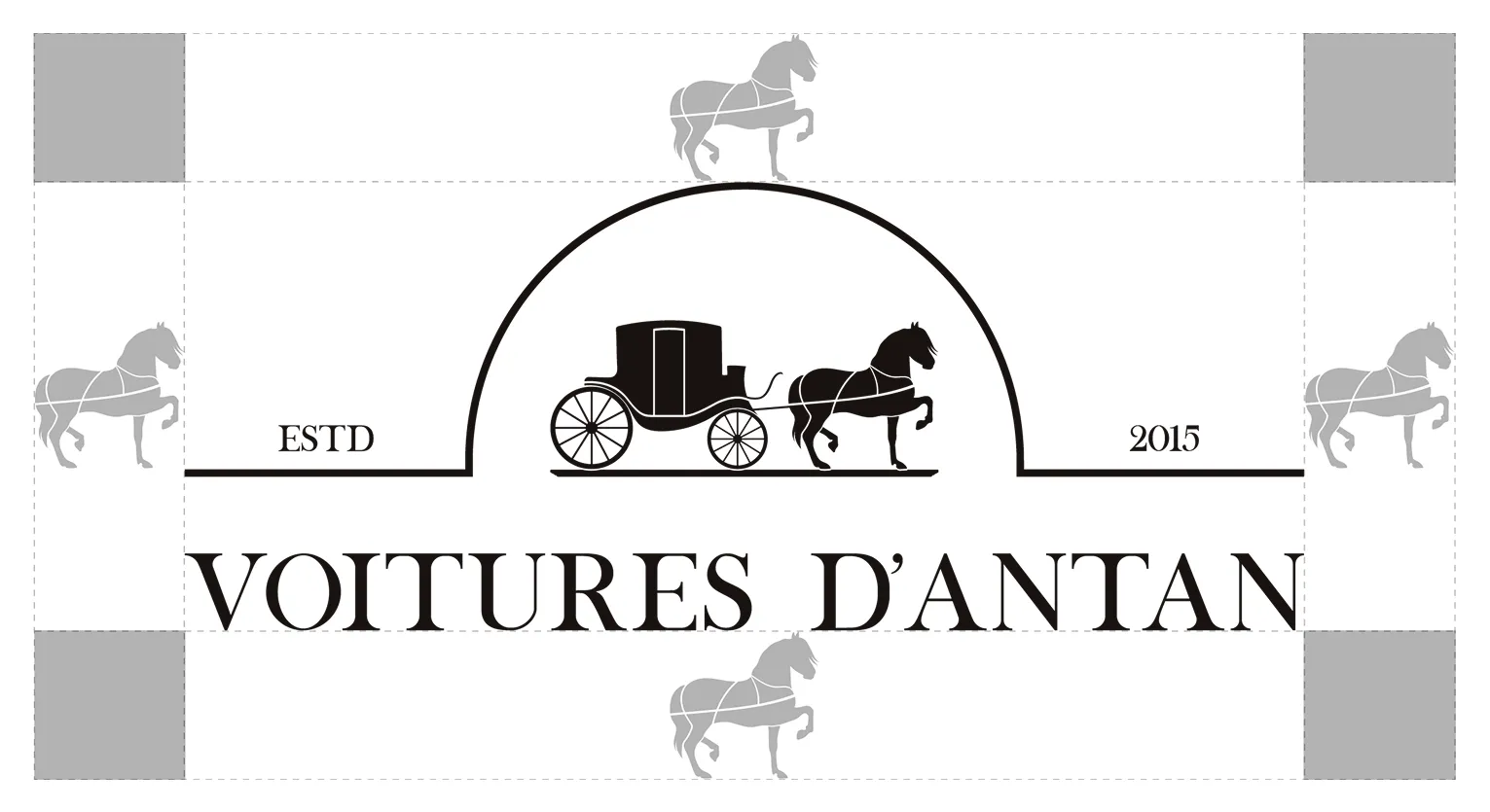 Logo "Voitures d'Antan" avec une calèche tirée par un cheval, entouré de chevaux et orné de "ESTD" et "2015".