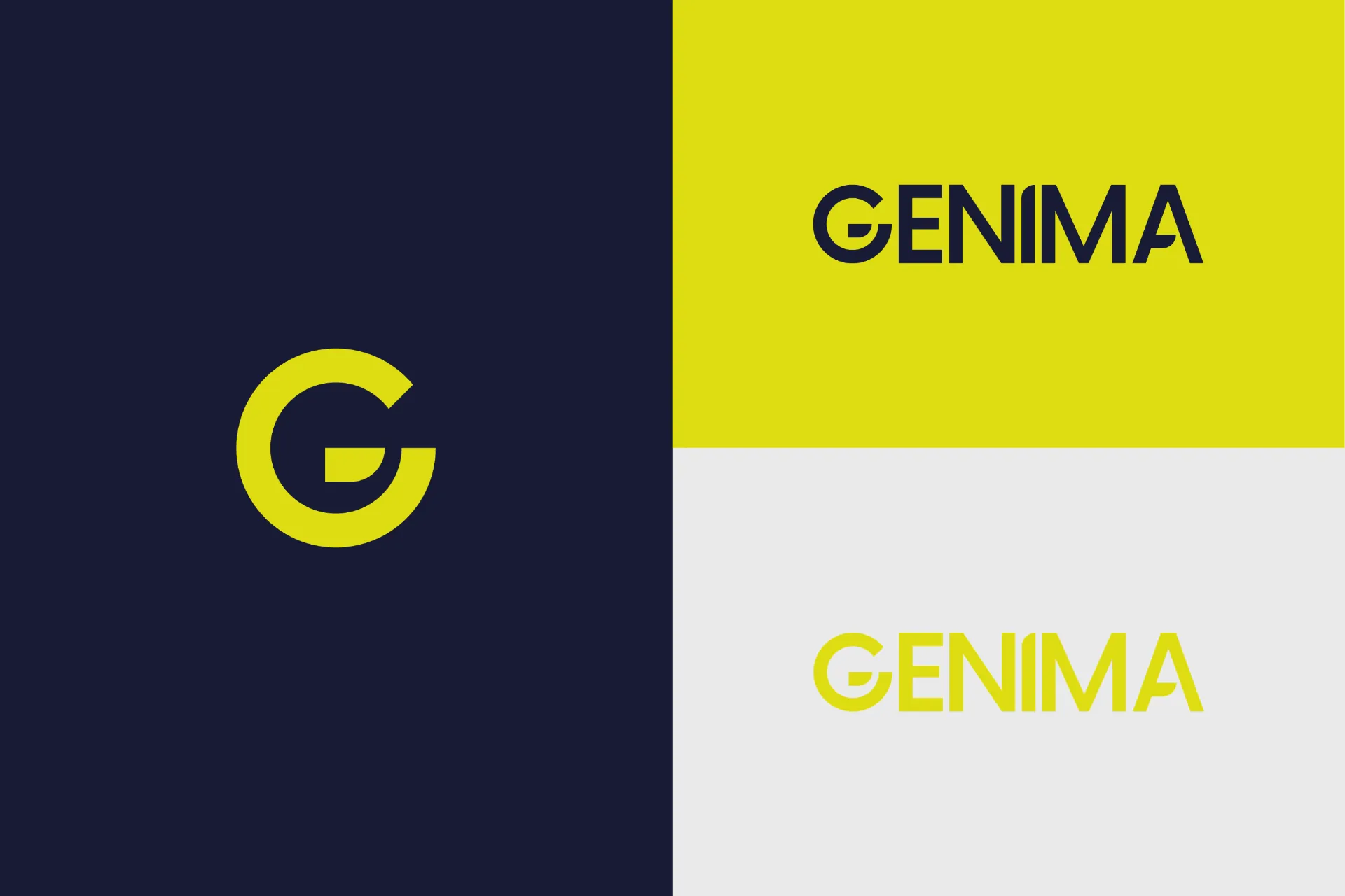 Logo de GENIMA avec la lettre G stylisée sur fond bleu nuit et le nom de la marque sur fond jaune et gris clair.
