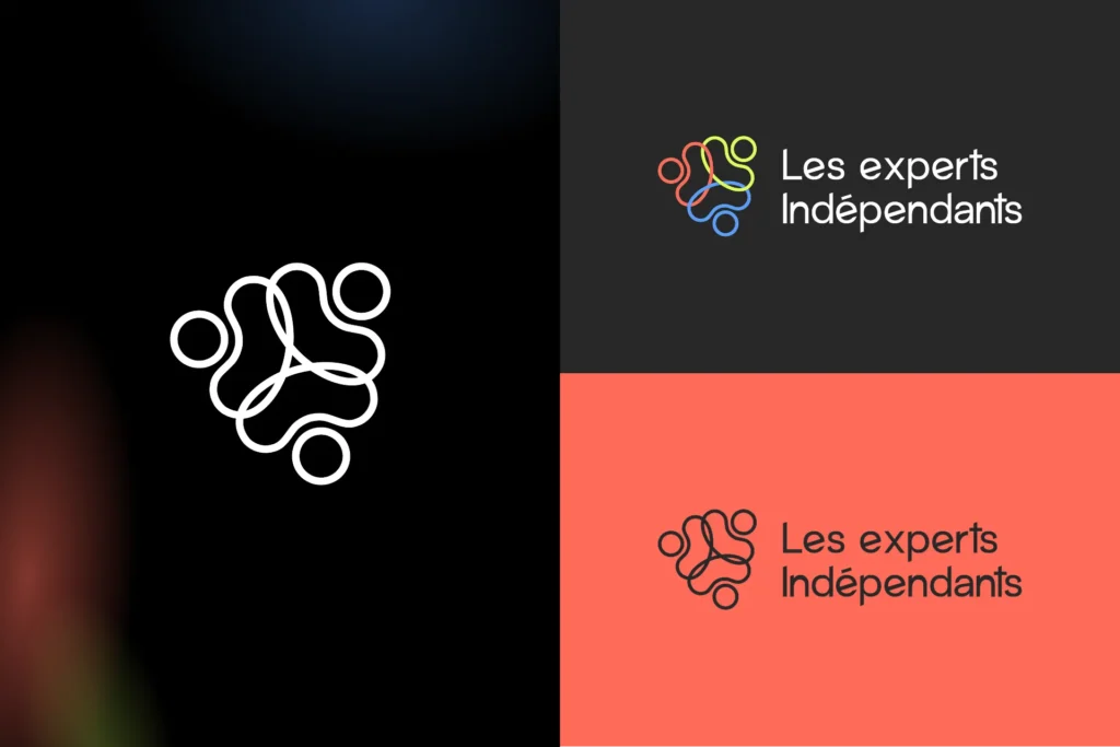 Logo de Les experts Indépendants avec un symbole abstrait et le nom de l'entreprise en blanc sur fond gris et corail.