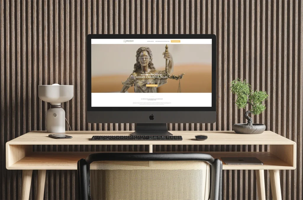 Bureau avec ordinateur affichant la statuette de la justice, un téléphone, une plante et une lampe.