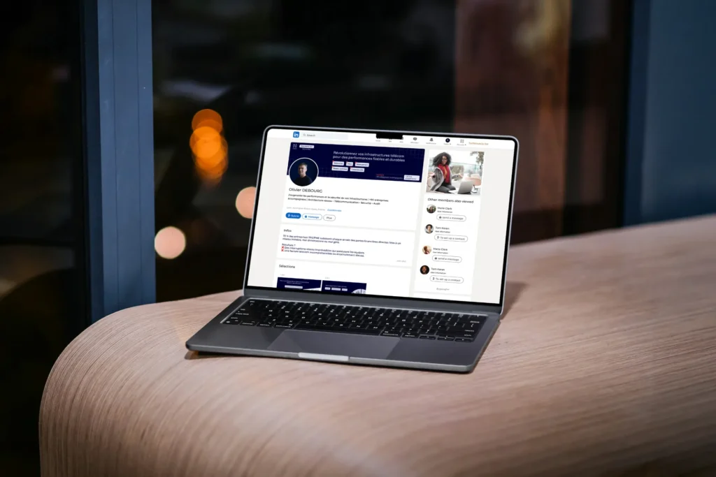 Un ordinateur portable présentant le profil Linkedin d'un professionnel fraichement optimisé et créé, dans le cadre de sa communication digitale sur les réseaux sociaux