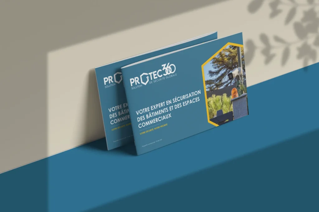 Brochure Protec 360 : expert en sécurisation de bâtiments et espaces commerciaux, avec image de caméra de surveillance et gyrophare.