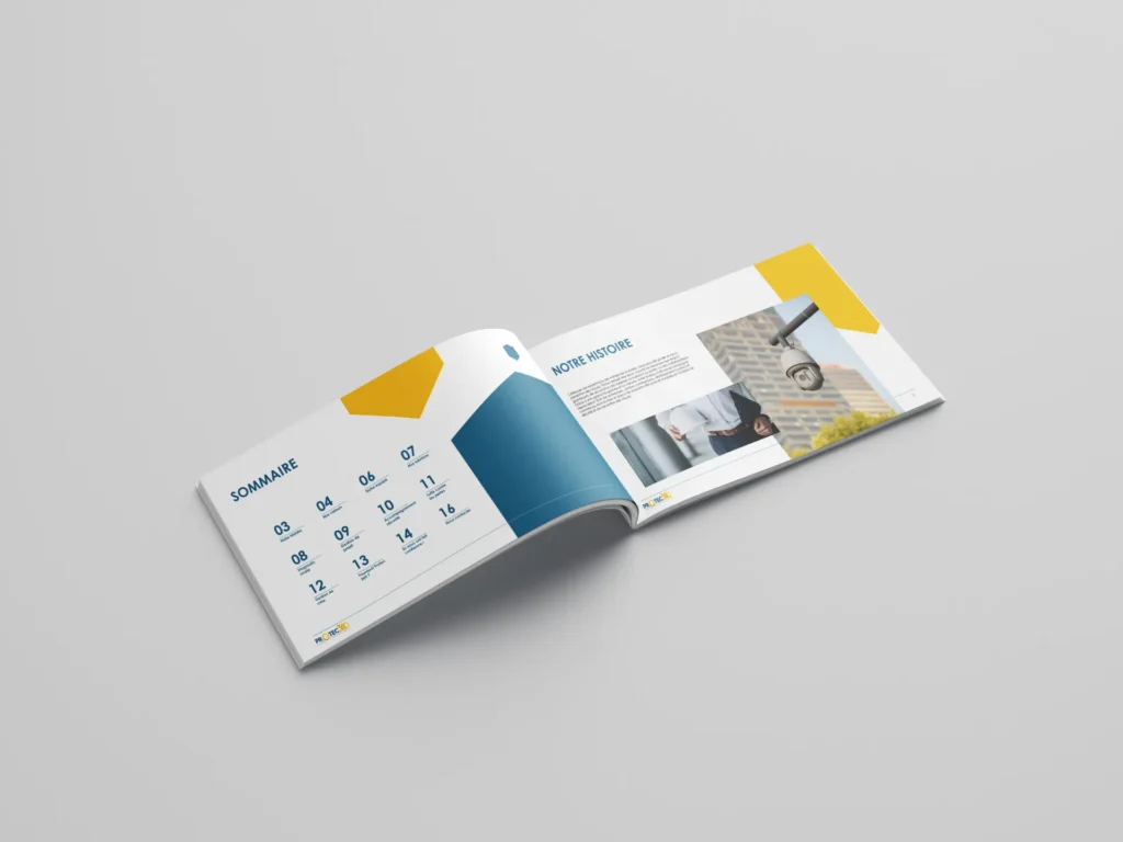 Un catalogue ouvert présente un sommaire avec des numéros de page et une page intitulée "Notre histoire" avec une image de caméra de surveillance.
