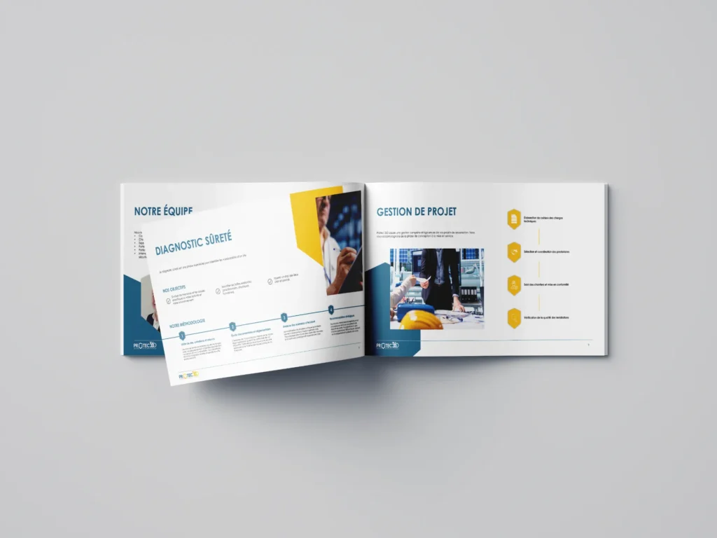 Brochure ouverte présentant "Notre Équipe" et "Diagnostic Sûreté" à gauche, et "Gestion de Projet" à droite, avec des icônes et des images illustrant les services.