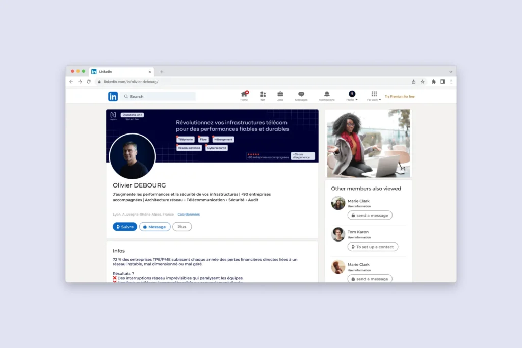 Profil LinkedIn d'Olivier DEBOURG, expert en infrastructures télécom, avec un aperçu de ses compétences et des informations sur son entreprise.