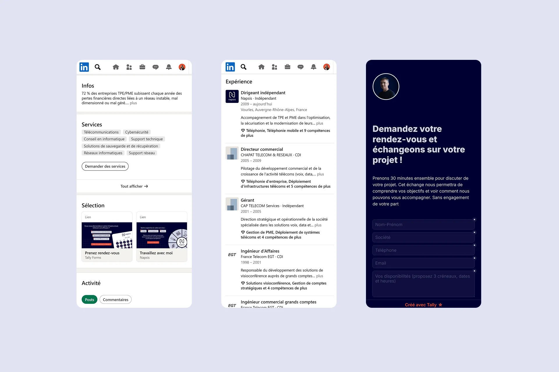 Captures d'écran de profils LinkedIn et d'un formulaire de contact, présentant des informations professionnelles et une invitation à discuter d'un projet.