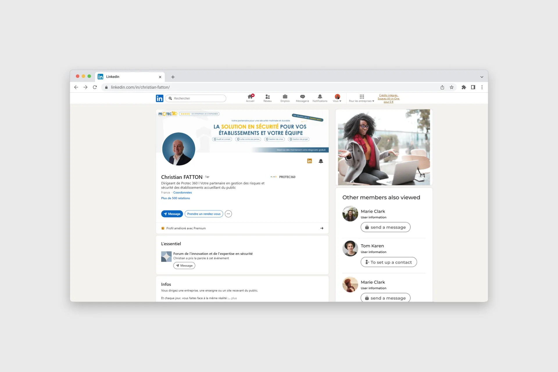 Profil LinkedIn de Christian Fatton, expert en sécurité, présentant une solution pour les établissements et les équipes.