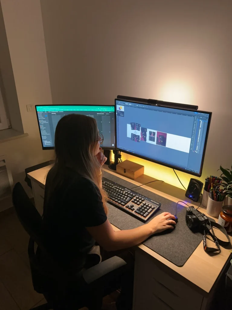 Graphiste travaillant sur ordinateur, sur la conception d'une brochure d'un boucher pour Noël