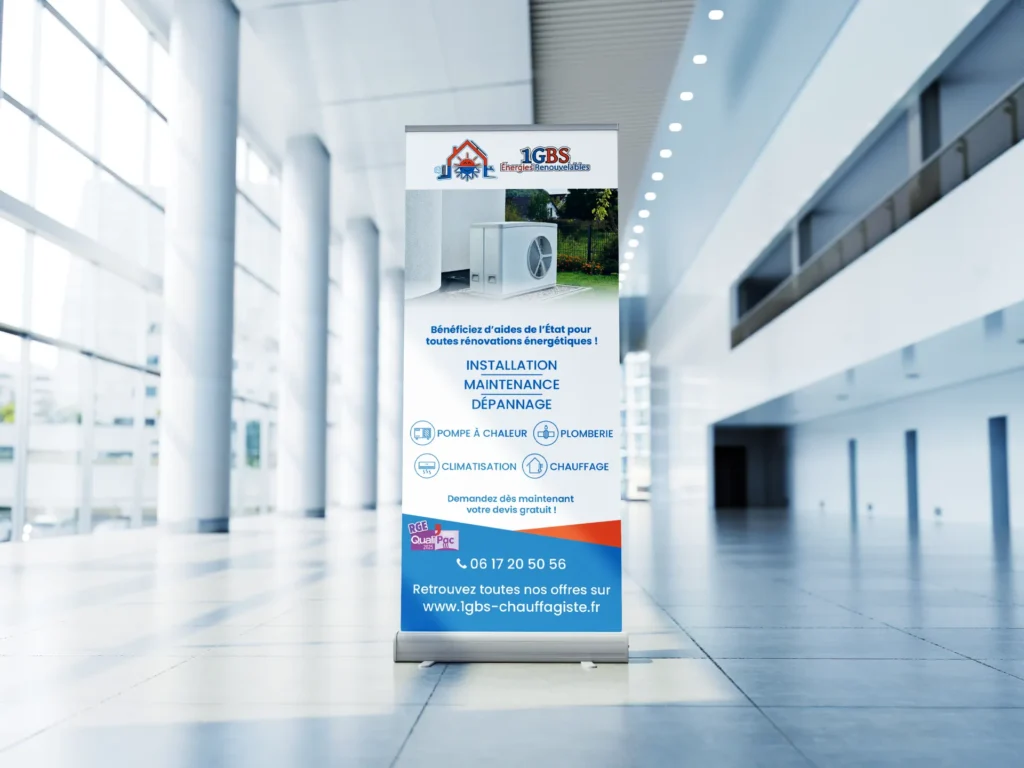 Roll-up 1GBS propose installation, maintenance et dépannage en chauffage, plomberie et climatisation. Contact: 06 17 20 50 56. www.lgbs-chauffagiste.fr
