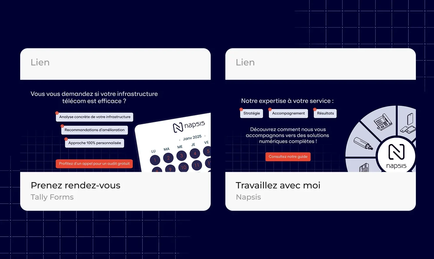 Deux sections distinctes sur fond bleu foncé. La gauche, axée sur l'efficacité des infrastructures télécoms, propose des analyses et des recommandations. La droite, centrée sur l'expertise de Napsis, présente des solutions numériques.