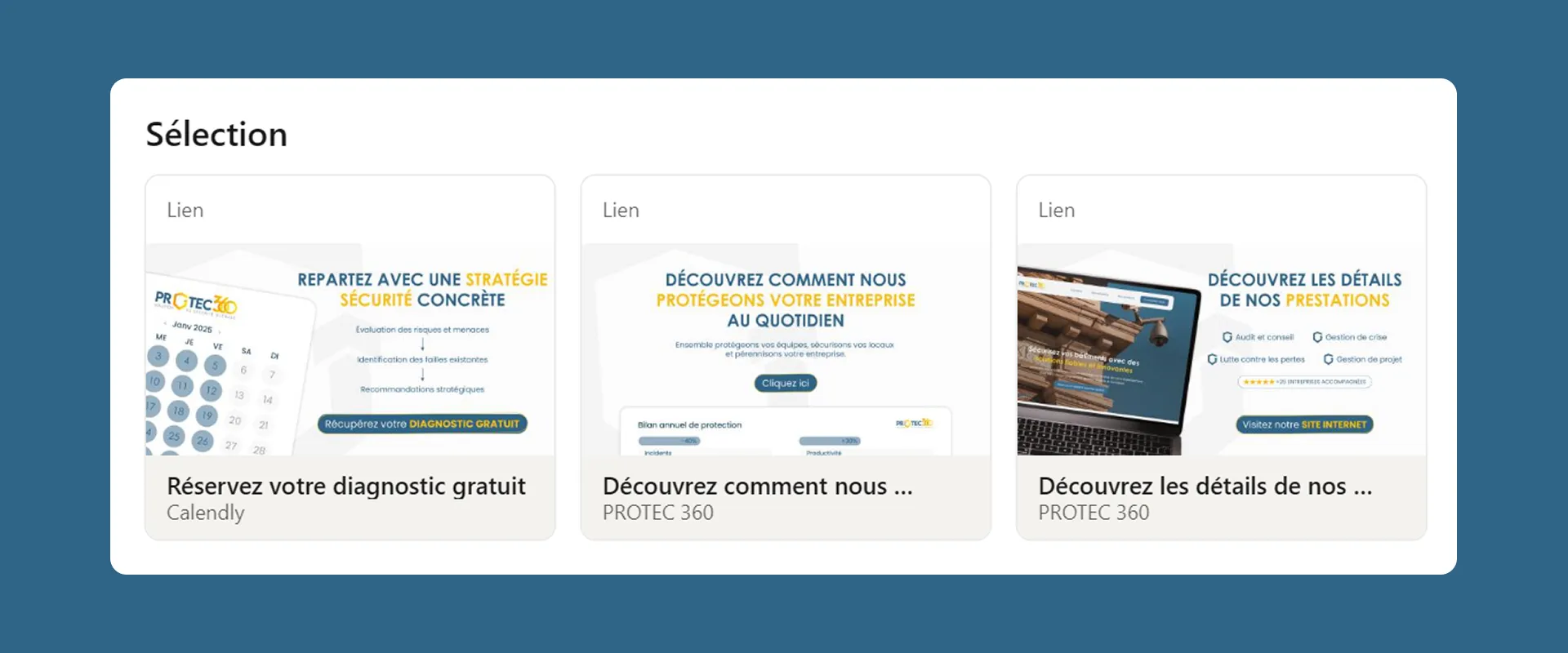 Présentation de trois services de PROTEC 360 : diagnostic gratuit, protection quotidienne et détails des prestations.