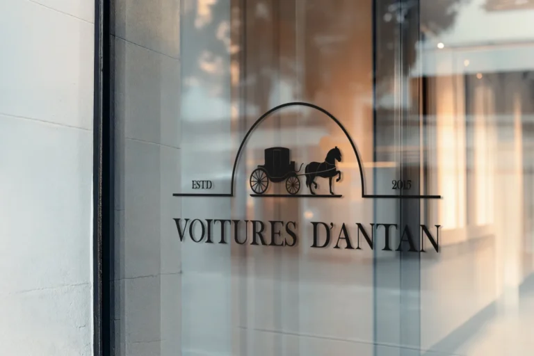 Logo de l'entreprise 'Voitures d'Antan' avec un drawn de calèche tirée par un cheval, datant de 2015.