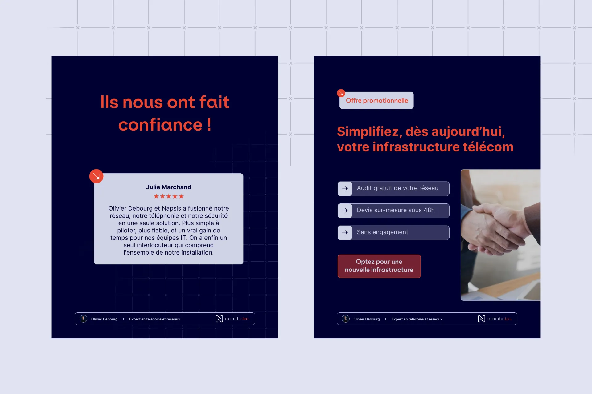 Deux écrans montrant des témoignages clients et une offre de simplification d'infrastructure télécom avec audit gratuit et devis sous 48h.