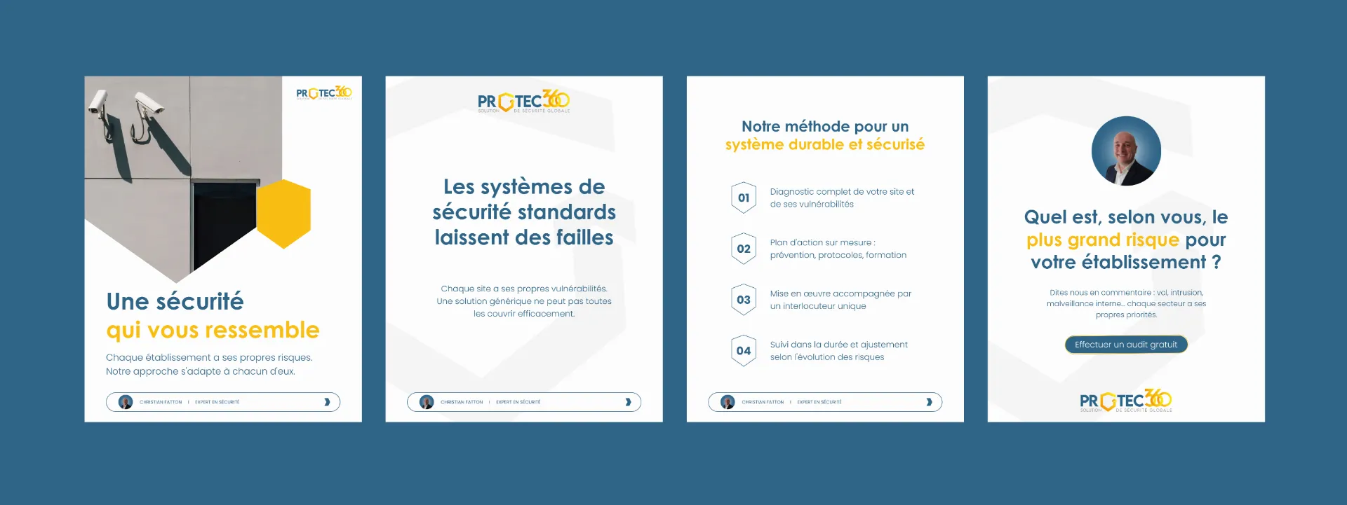 Trois panneaux publicitaires PROTEC360 : sécurité personnalisée, failles des systèmes standards, méthode durable et sécurisée, et identification du plus grand risque.