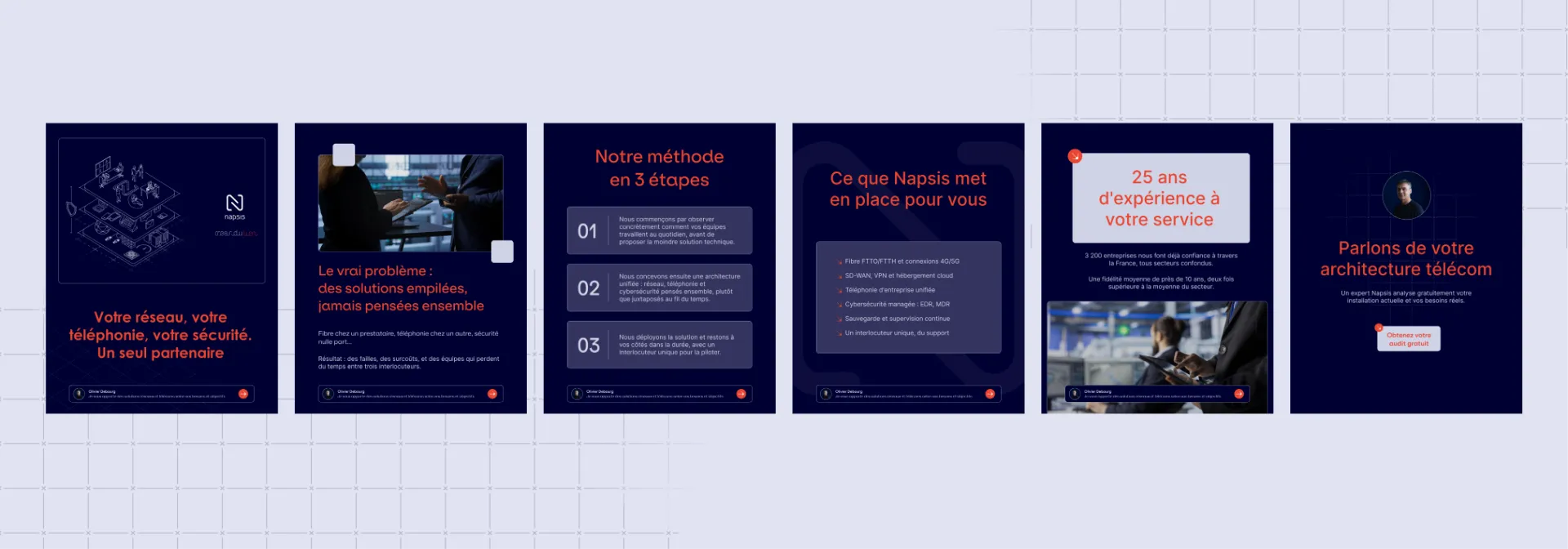 Plusieurs diapositives présentent les services de Napsis, notamment le réseau, la téléphonie, la sécurité, et leur méthode en 3 étapes.