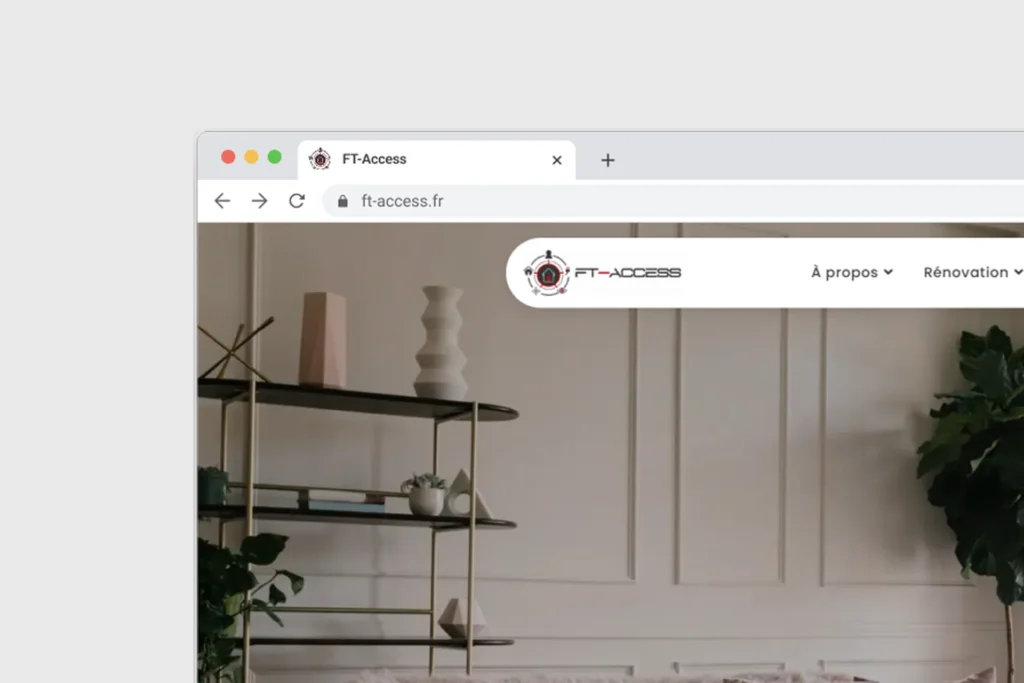 Capture d'écran du site web FT-Access, affichant un intérieur moderne et un menu de navigation avec les options 'À propos' et 'Rénovation'.