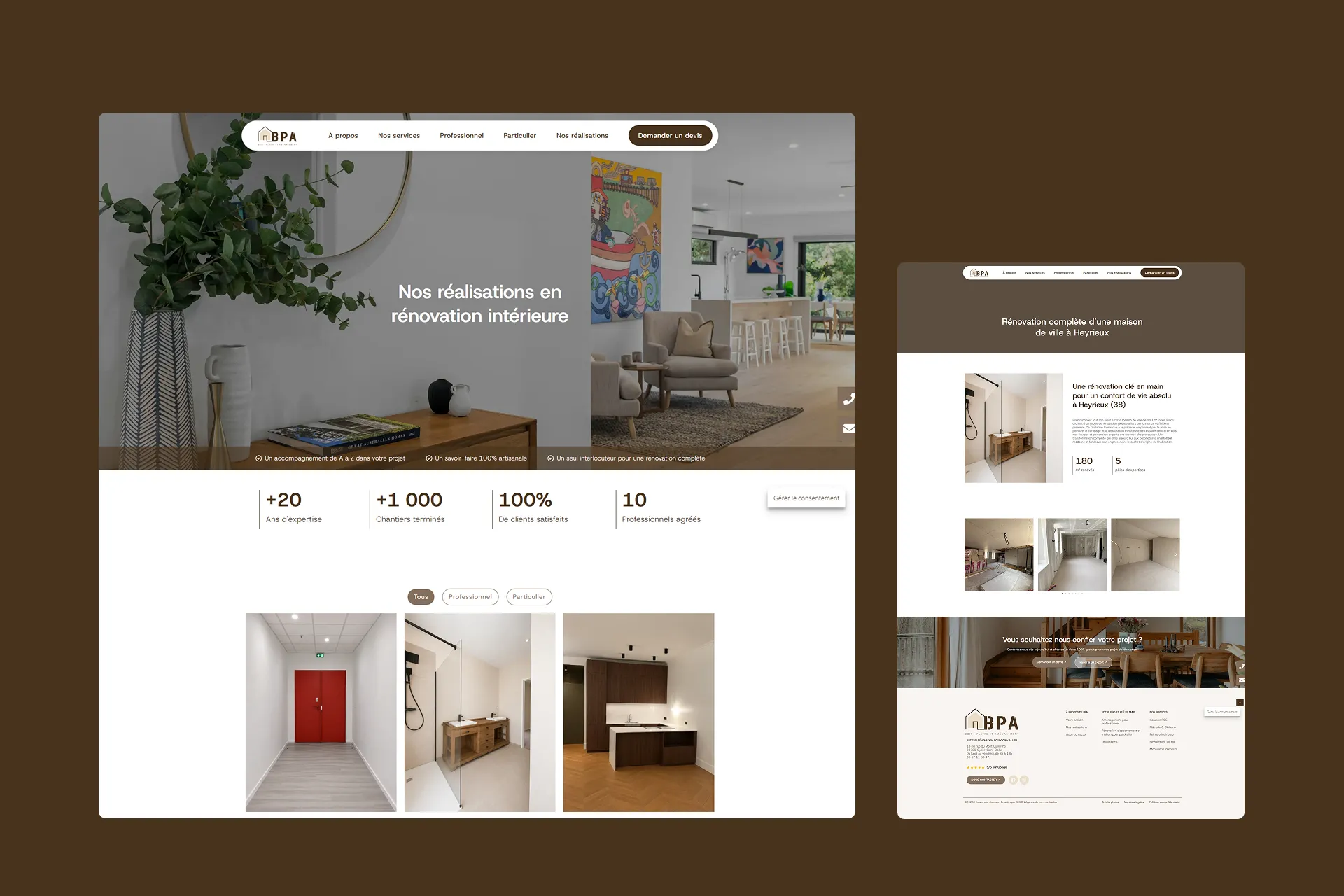 Site web de BPA, entreprise de rénovation intérieure, avec des photos de réalisations et des statistiques sur l'entreprise.