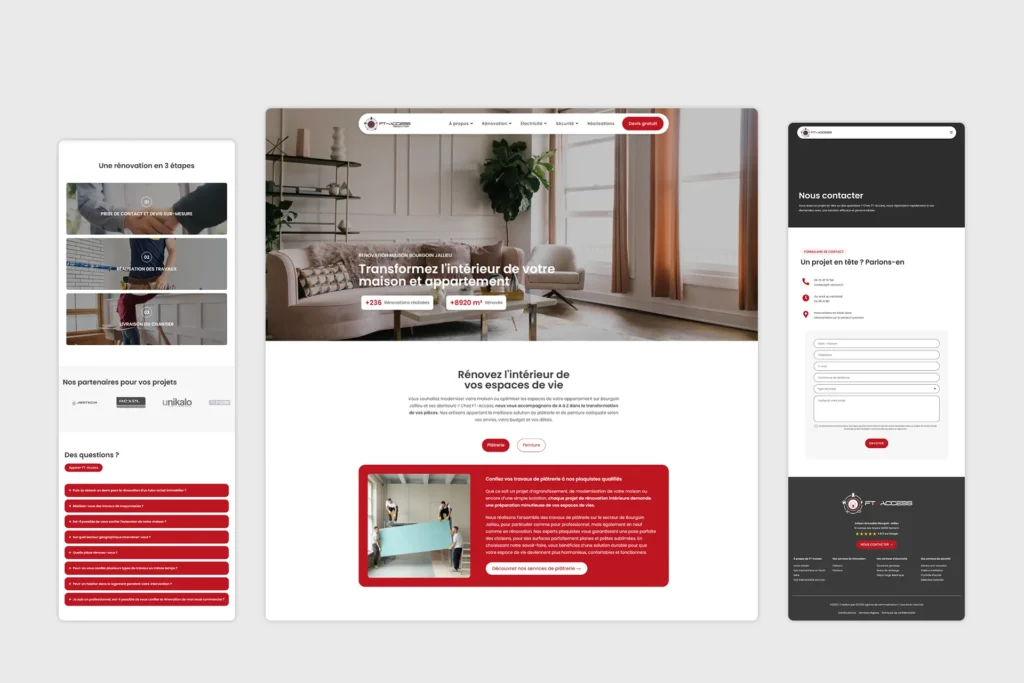 Maquette de site web présentant une entreprise de rénovation d'intérieur avec un formulaire de contact et des informations sur les projets.