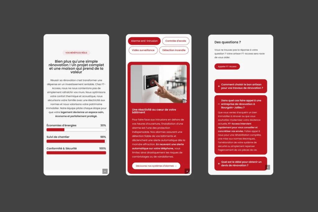 Page web présentant les services d'une entreprise de rénovation avec trois colonnes: bénéfices, réactivité et questions fréquentes.