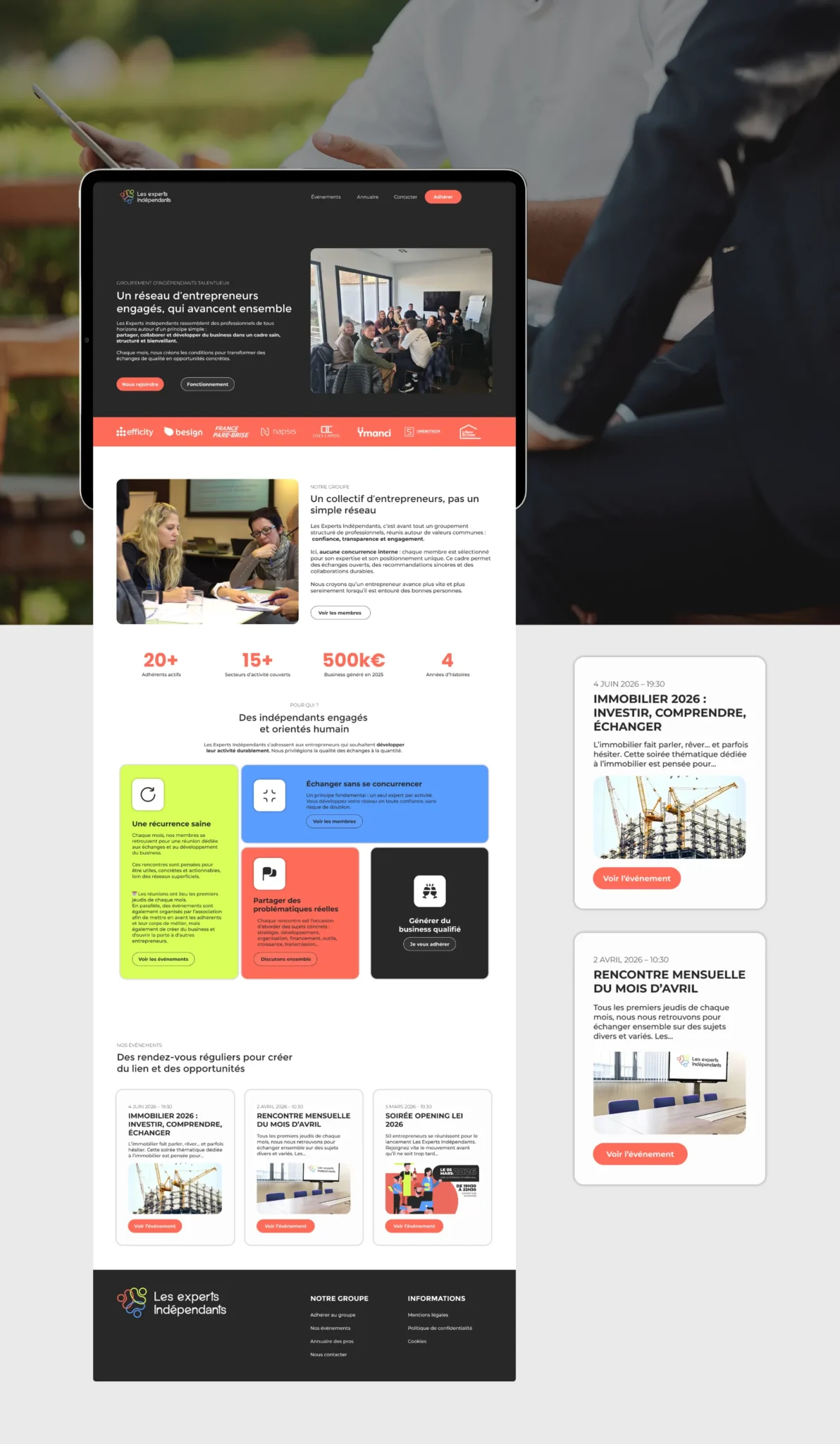 Page web présentant "Les experts indépendants", un réseau d'entrepreneurs engagés. Elle met en avant des événements et des bénéfices du réseau.