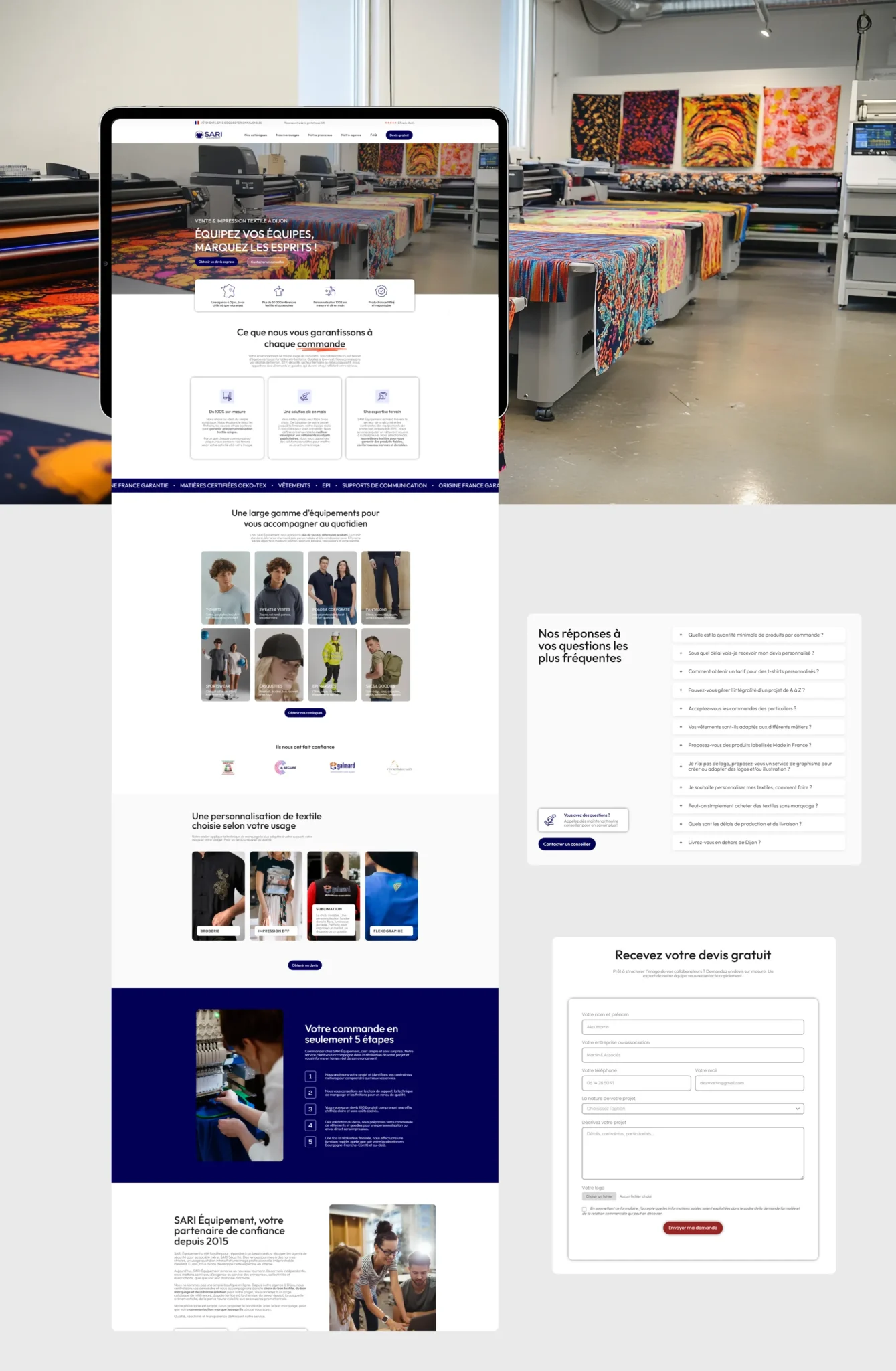 Page web présentant des équipements textiles personnalisés, des garanties, des FAQ et un formulaire de devis gratuit.