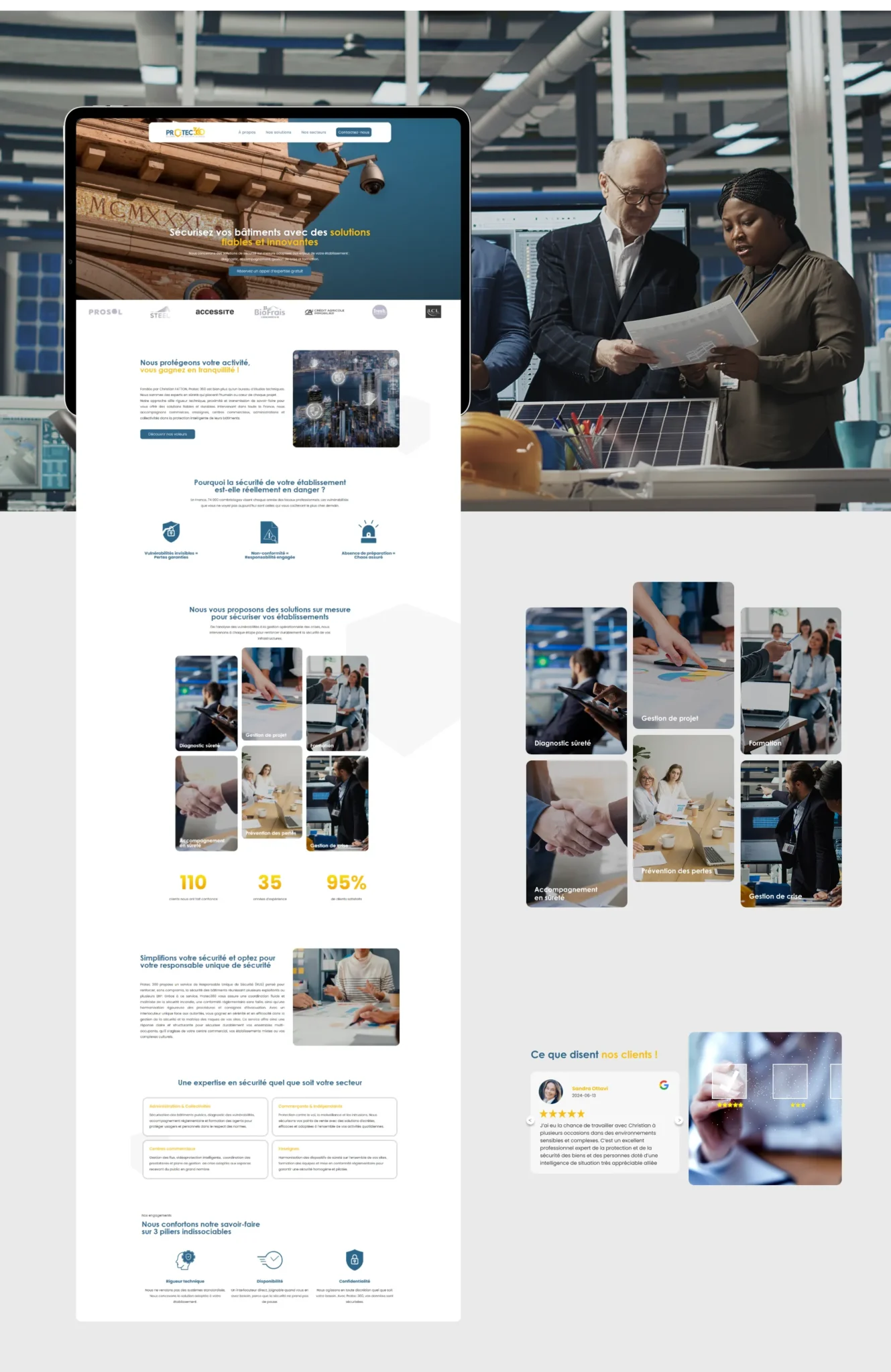 Page d'accueil d'un site web PROTEC proposant des solutions de sécurité pour bâtiments avec des images de personnel, d'équipements et de témoignages clients.
