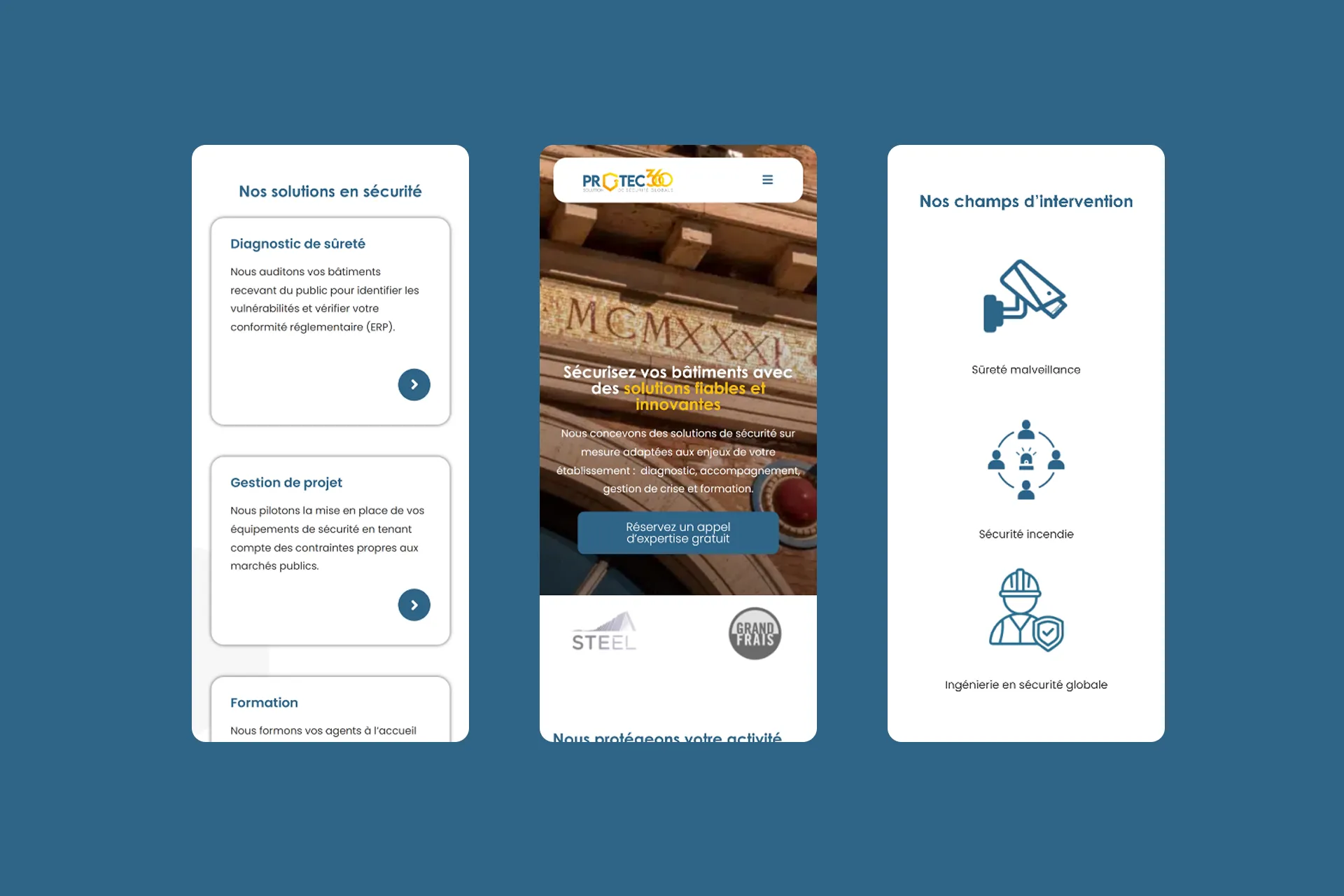 Trois interface mobile présentent des services de sécurité : diagnostic, gestion de projet, formation, sûreté malveillance, incendie et ingénierie globale.