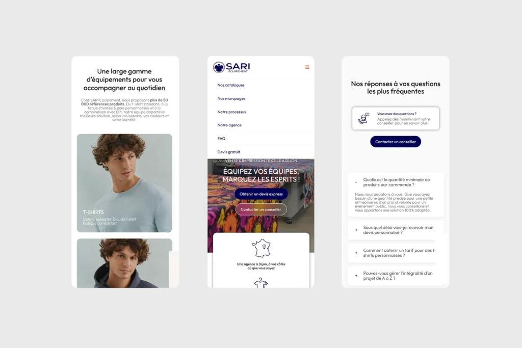 Captures d'écran d'un site web présentant une large gamme d'équipements pour les équipes, des t-shirts personnalisables, et une section FAQ avec des réponses aux questions fréquentes.
