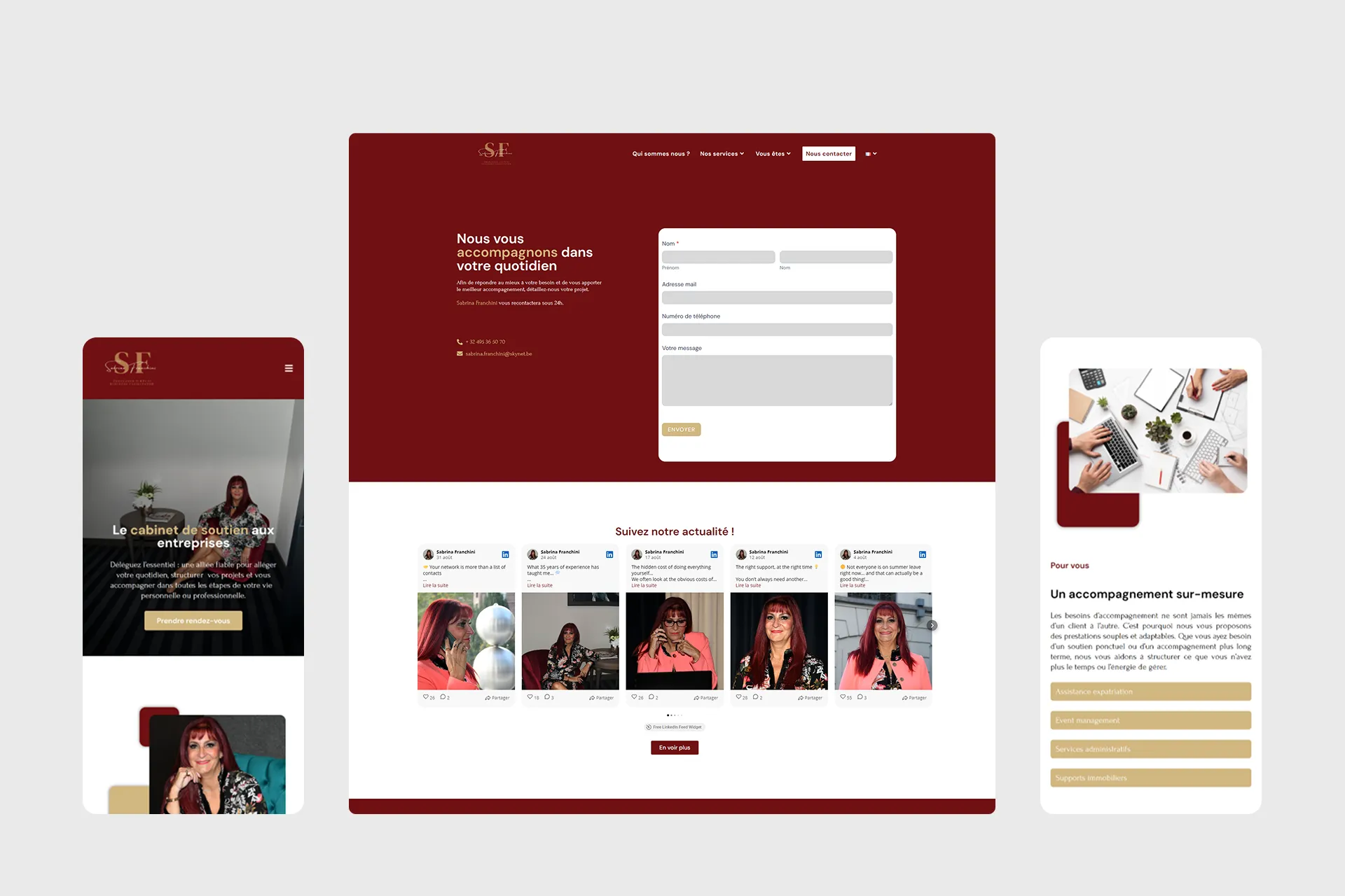 Site web affichant une page d'accueil avec un formulaire de contact et des témoignages d'entreprises.