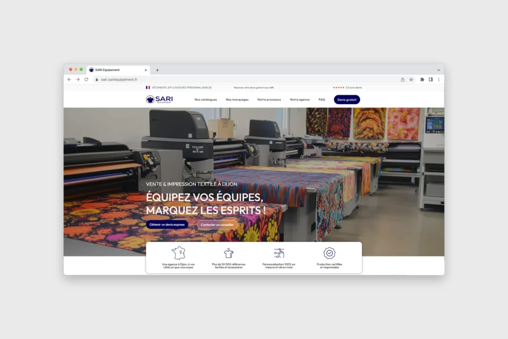 Page d'accueil du site SARI, spécialisé dans la vente et l'impression textile à Dijon, avec des machines d'impression et des tissus colorés.