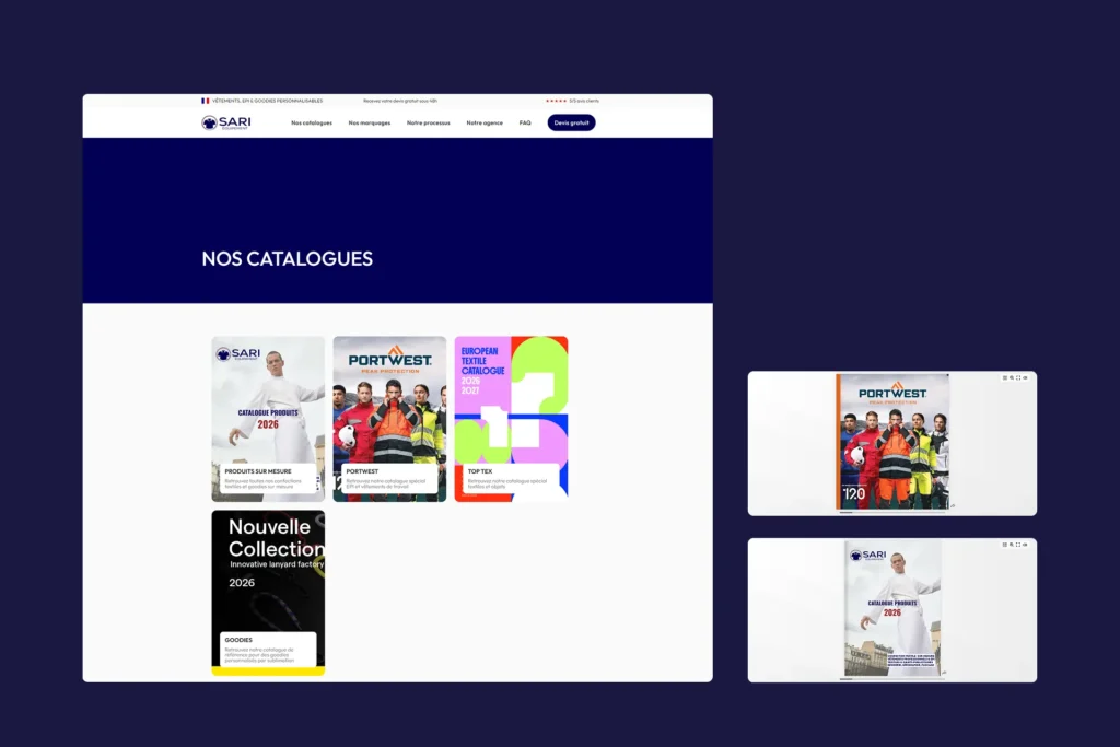 Page "Nos Catalogues" du site SARI, présentant des miniatures de catalogues Portwest et Sari pour 2026.