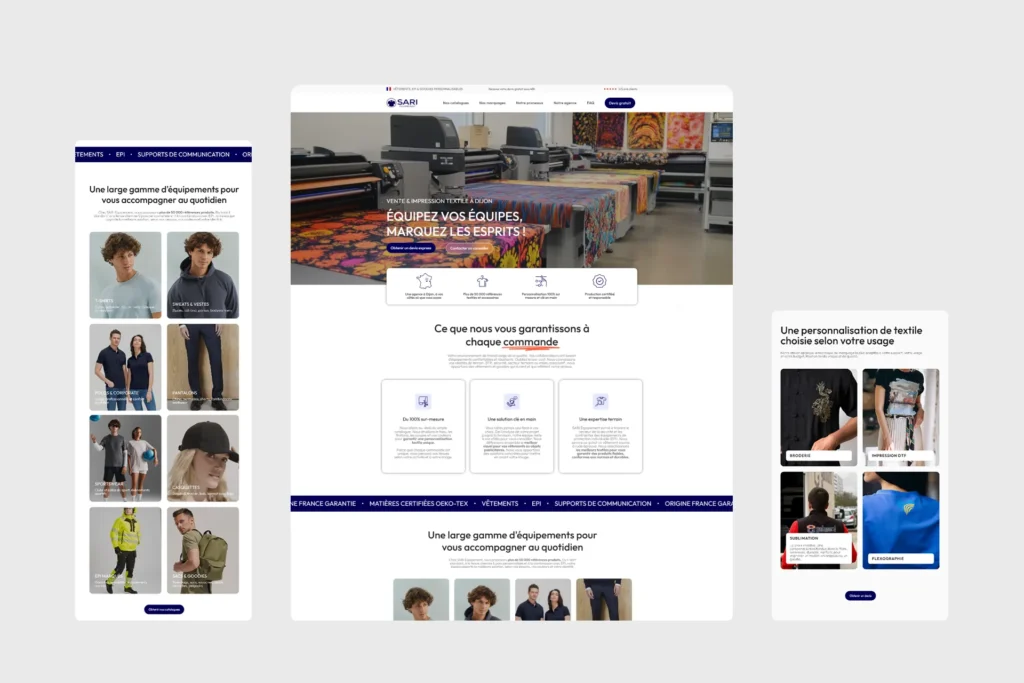 Maquette de site web présentant une gamme d'équipements personnalisables pour équipes, avec des visuels de produits et des arguments commerciaux.