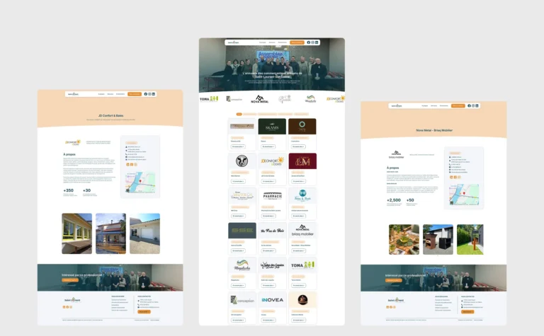 Capture d'écran de trois sites web affichant des logos d'entreprises, des photos et des informations sur le groupe immobilier Neovim.