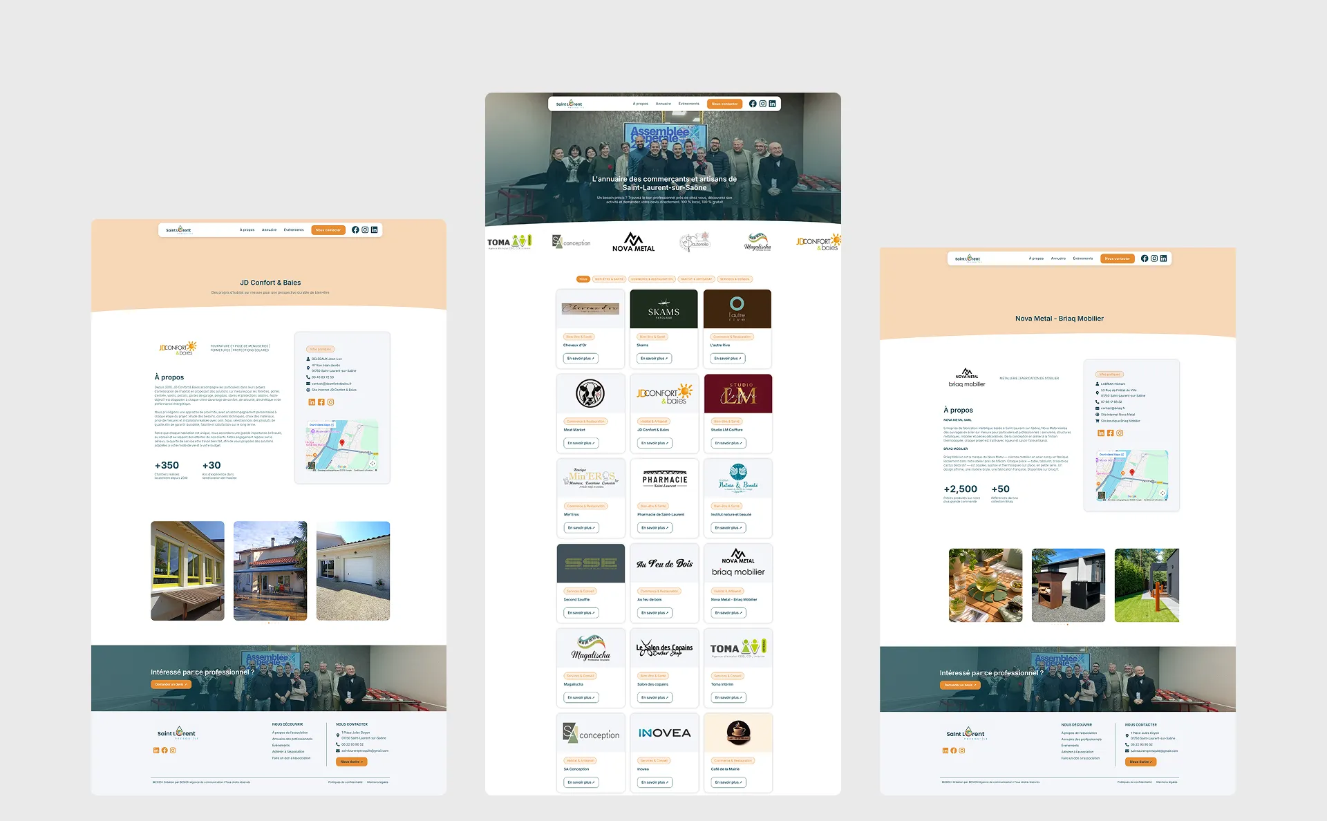 Capture d'écran de trois sites web affichant des logos d'entreprises, des photos et des informations sur le groupe immobilier Neovim.